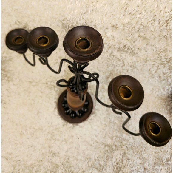 Vintage Wooden & Metal 5-Arm Candelabra Candle Holder With Intricate Design - Picture 7 of 12